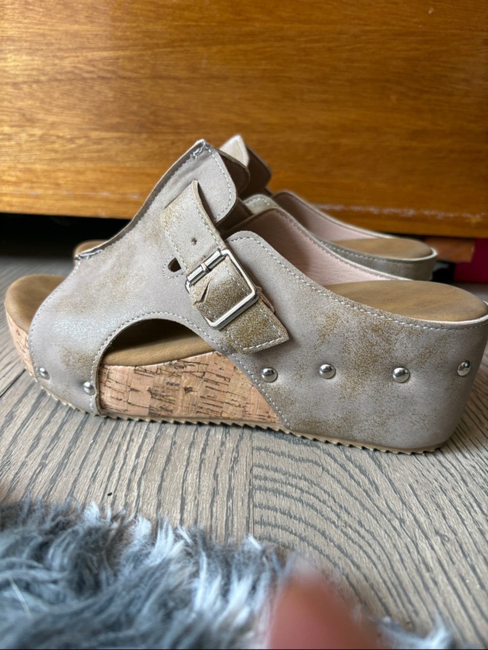 Platform Cork Wedge Slide Sandals - Taupe